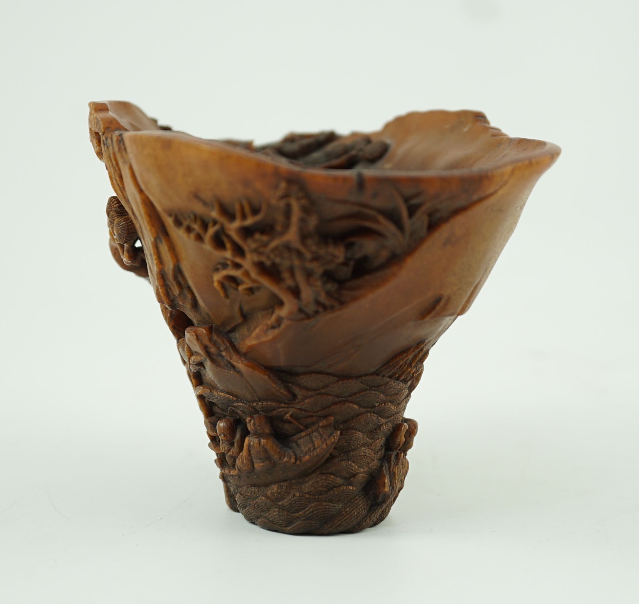 A fine Chinese rhinoceros horn ‘Ode to the Red Cliff’ libation cup, 17th/18th century, 15.2cm long, 9.8cm high